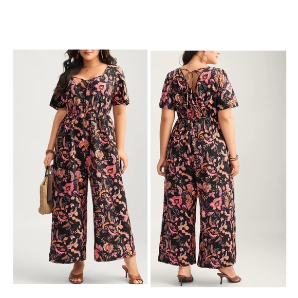 Vibe Sportswear Black Bohemian Floral Jumpsuit 1X - Picture 1 of 13